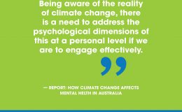 Climate change is increasingly driving more severe and frequent extreme weather events such as extreme heat, bushfires, storms and floods which have serious and wide-reaching impacts on the mental health of Australians today. This report discusses climate change and mental health, including mental illness and suicide, effective responses and areas where further research is needed.